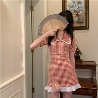 夏季2021新款学院风修身显瘦甜美减龄格子翻领短袖衬衫女时尚套装 上衣单件 S