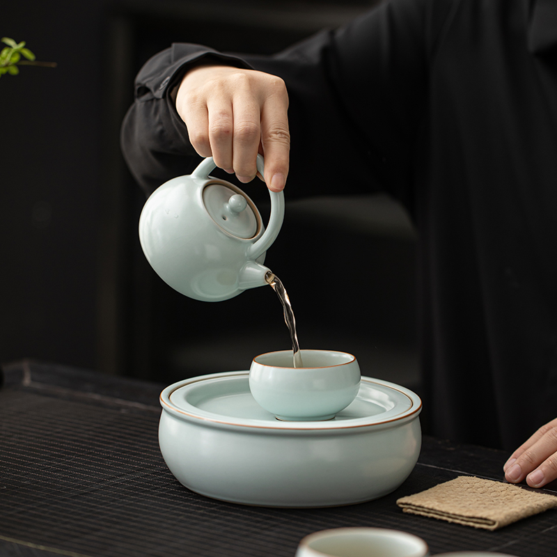 苏氏陶瓷(SUSHI CERAMICS)汝窑开片提梁壶配蓄水茶盘礼盒茶具组高清大图