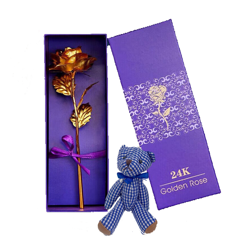 林檎玫瑰花礼盒装纪念日生日圣诞节送女友老婆爱人送情侣闺蜜金箔玫瑰永生花礼盒送女朋友老婆生日 金色套装＋懵Ｂ小熊（小熊颜色随机发）