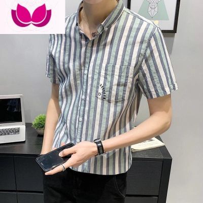 七斓条纹衬衫男士短袖潮流休闲衬衣夏季男装半袖修身百搭口袋透气寸衫 绿色1635#(条纹衬衫) 2XL