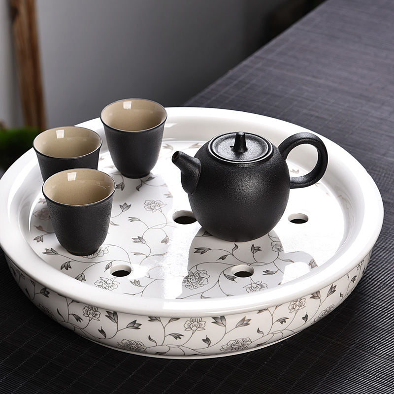 家柏饰(CORATED)茶盘托盘家用储水嵌入式陶瓷圆形简约青花瓷功夫茶具茶台茶海茶托高清大图