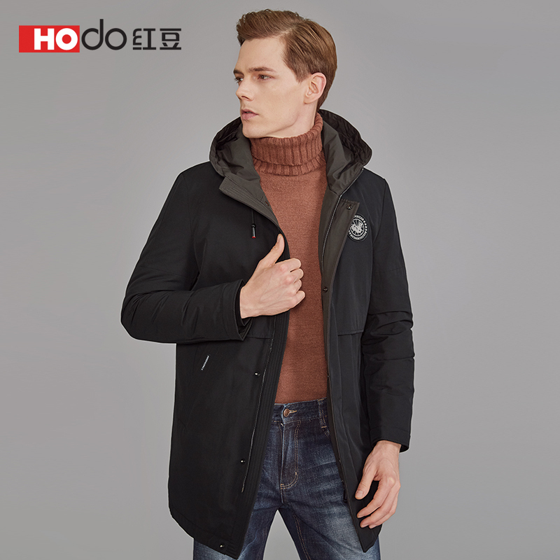 唯hodo红豆男装男士羽绒服冬季商务休闲胸标装饰中长款连帽羽绒服男