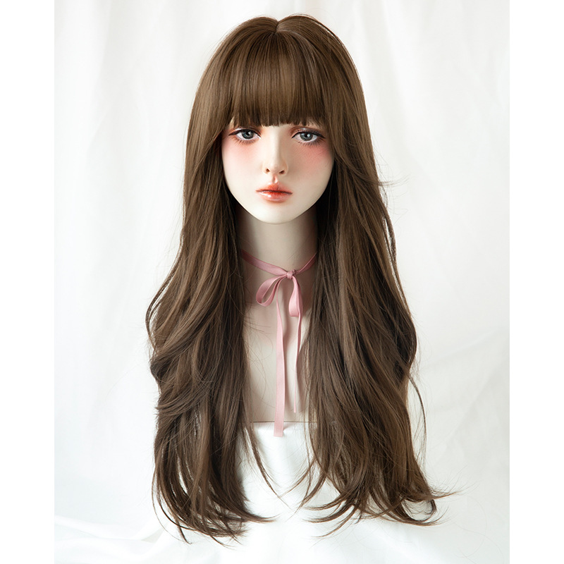 假发女长发空气刘海大波浪长卷发自然逼真蓬松卷发头套式韩式发型黑茶