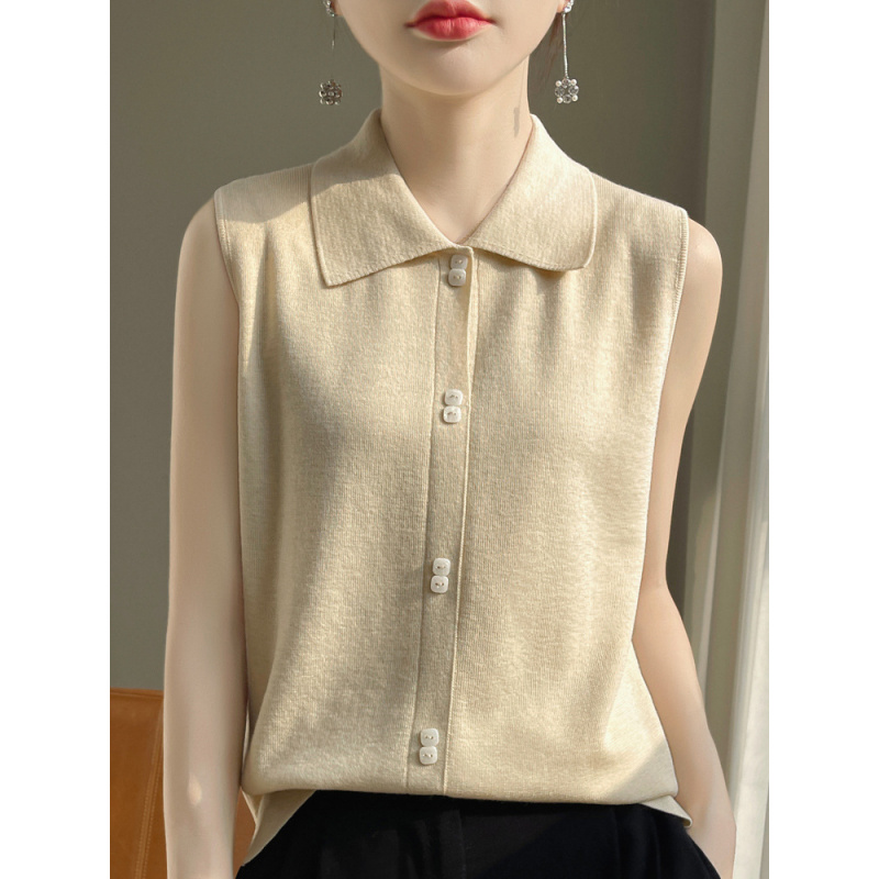 衬衣领无袖背心打底衫女春秋内搭叠穿套头羊毛针织翻领坎肩上衣