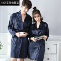 韩版春秋季情侣真丝睡袍丝绸浴袍睡衣女睡裙夏季男长袖冰丝家居服_2_506 女M(90-105斤) 1055字母袍（藏蓝）