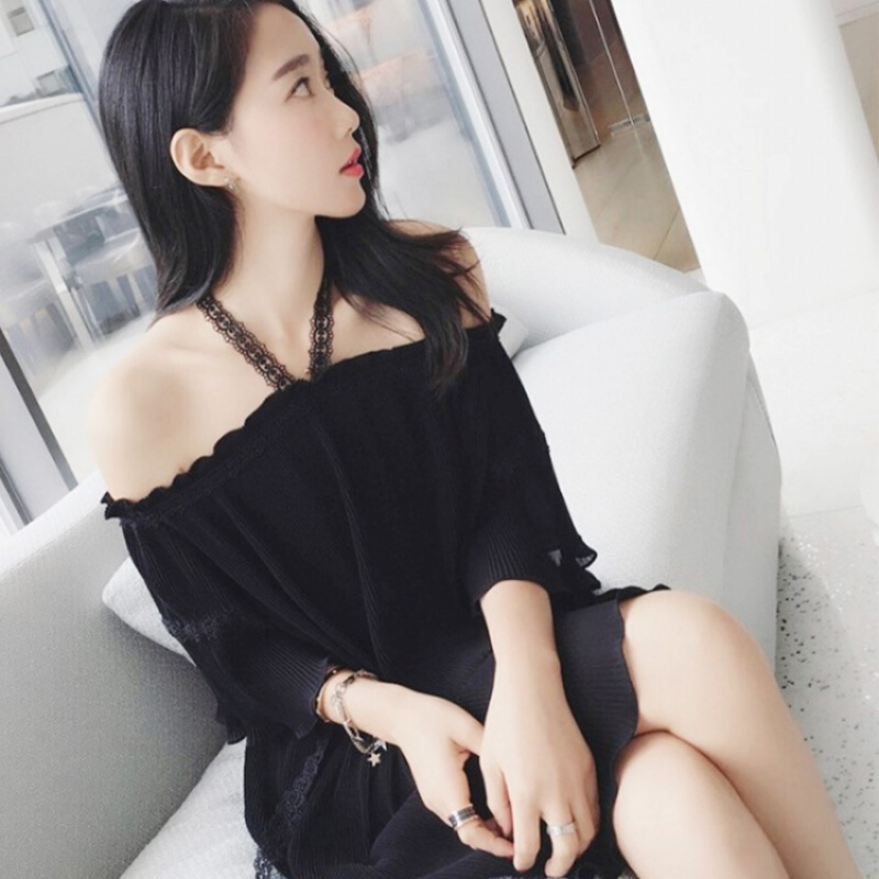 胖mm加大码女装夏装宽松短袖T恤女露肩上衣雪纺一字肩连衣裙200斤黑色【一字肩】