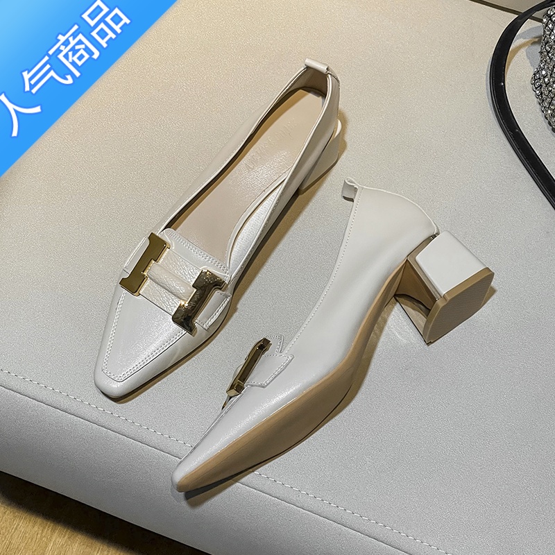 SUNTEK英伦风方头粗跟单鞋女2023年新款夏季法式白色气质舒适软皮高跟鞋 米白色 37