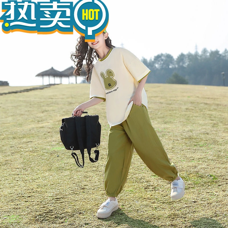 绿彩虹光女童运动套装夏装2023新款洋气儿童夏季中大童12岁女孩15潮两件套