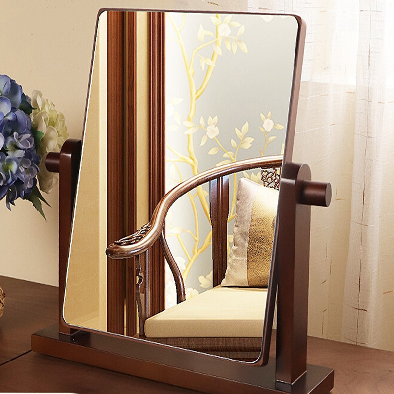 闪电客台式化妆镜可翻转桌面梳妆镜简约家用木质镜现代中式复古风镜子