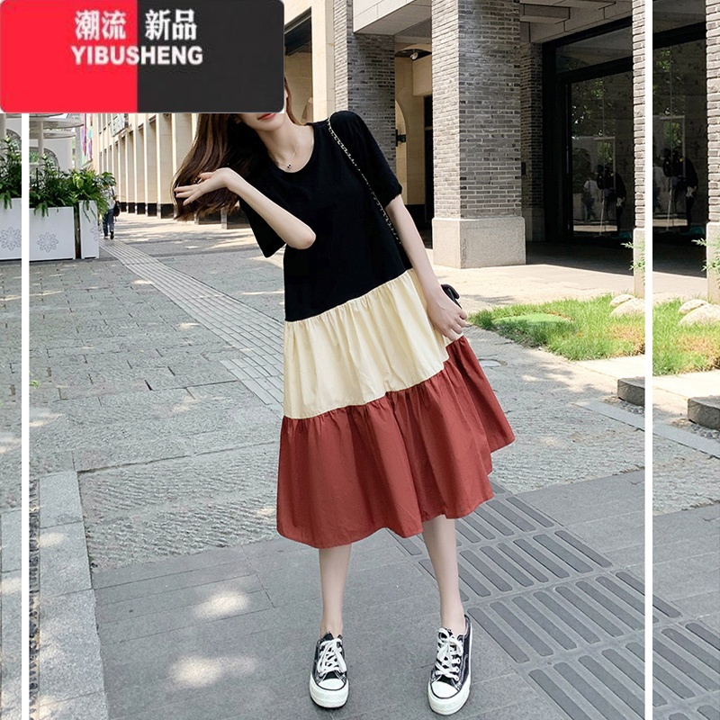 YIBUSHENG装时尚拼接撞色连衣裙韩版宽松中长款大码藏肉t恤裙潮短袖上衣高清大图