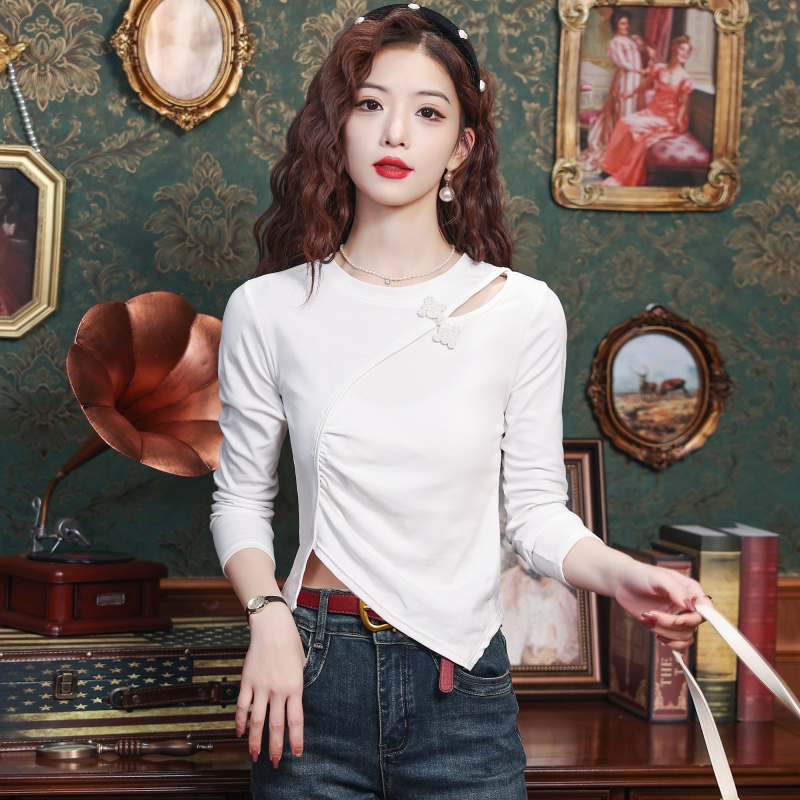 banqiao设计感褶皱小心机不规则打底衫女2024春季新款修身上衣长袖t恤