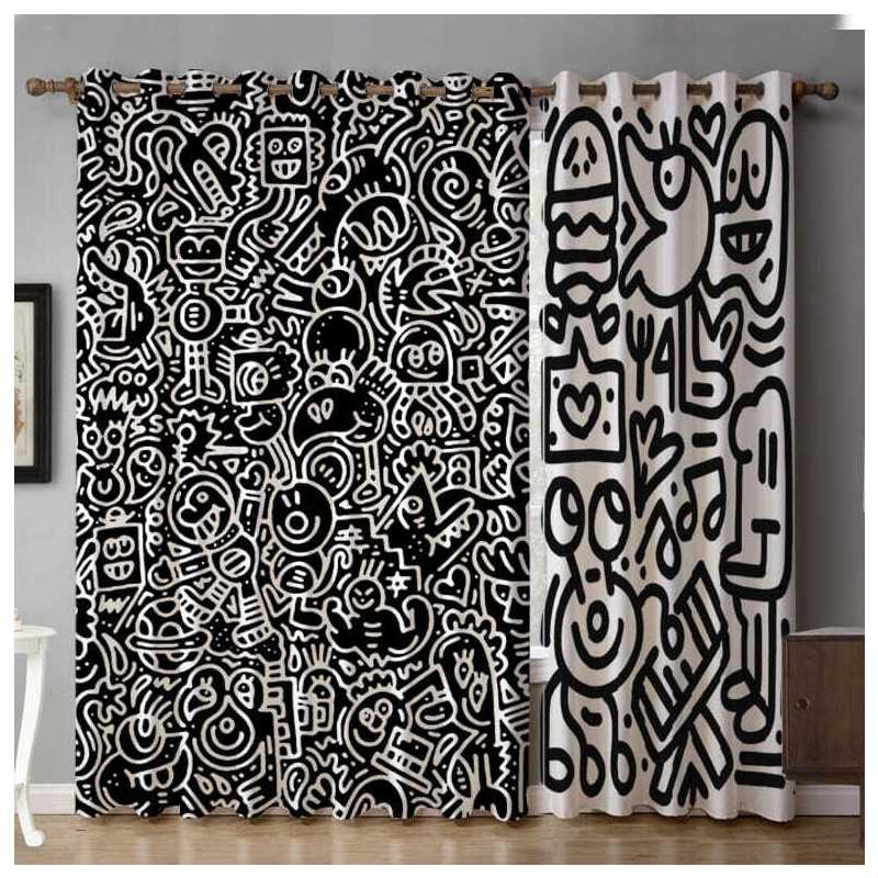 黑白全遮光遮阳隔热防晒卧室成品落地窗窗帘布mr.doodle涂鸦先生