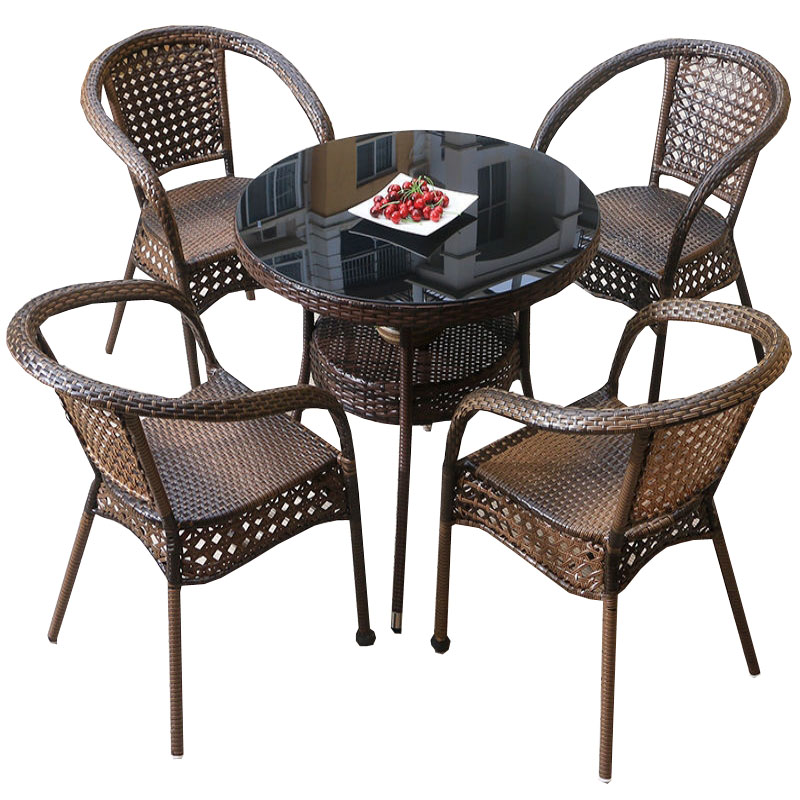 戴劲 藤椅阳台桌椅庭院藤编椅子花园茶几藤椅组合 4椅+80双层藤圆桌