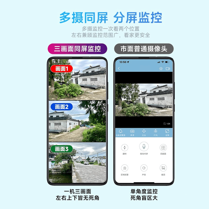 送7天循环监控录像卡 4G流量卡升级三镜头旋转360度全景无死角摄像影头无线家用手机远程室外高清双画面监控器 4G版图片