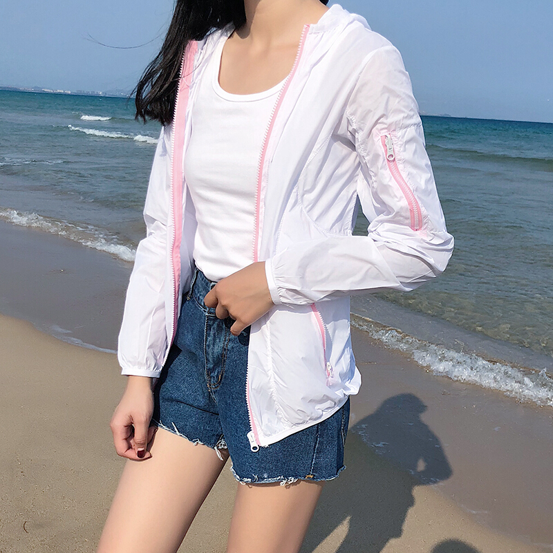 新款度假防晒衣女2018夏季薄款皮肤衣宽松连帽防晒服空衫短外套