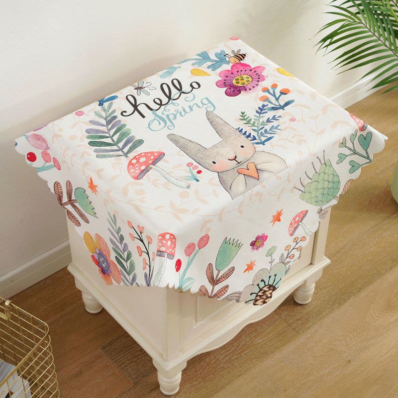 床头柜盖布北欧简约布艺微波炉防尘罩床头防尘桌布盖巾冰箱防尘布|床头柜盖布-花环小兔 55*55cm图片