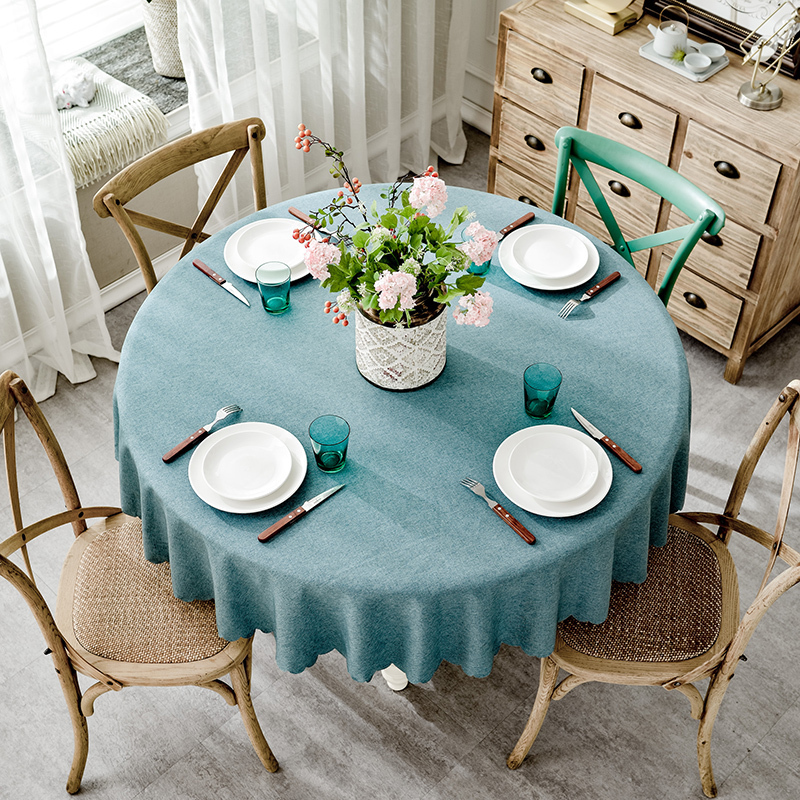 棉麻大圆桌桌布布艺椭圆形家用餐桌布饭店酒店餐厅圆形台布 桌布直径180cm--适合120-135圆桌 绒麻-孔雀蓝升级版防泼水