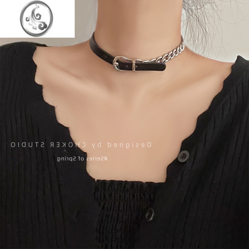 JiMi甜酷皮质颈链choker黑色皮带扣项链女高级潮配饰chocker项圈金属 黑银扣choker