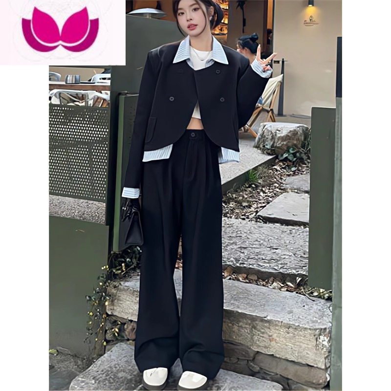 七斓欧货春季新款高级感御姐风套装女撞色拼接上衣高腰阔腿裤套潮