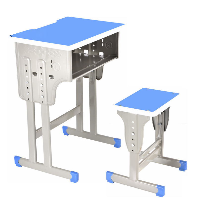 文灵中小学生课桌椅学校培训班辅导班课桌升降儿童书桌学习课桌椅套装 单人双柱蓝色方凳