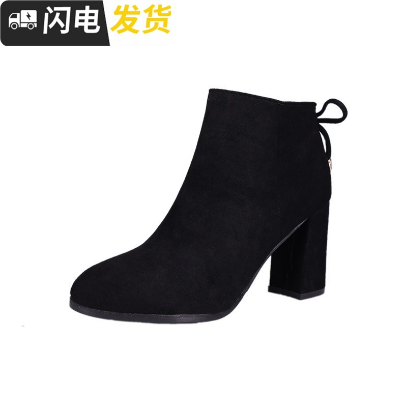 2022秋冬女靴子韩版潮时尚保暖防滑绒面短靴圆头高跟鞋粗跟启如