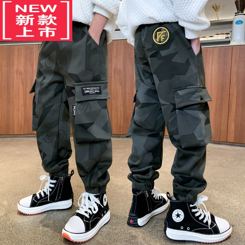可莉允男童秋冬款迷彩裤儿童裤子大童工装裤2022新款加绒加厚保暖棉裤潮保暖裤
