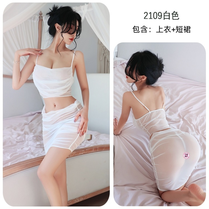 长夜漫漫情趣内衣性感网纱透视吊带短裙私房睡衣套装制服诱惑2109 白色 均码(80-125斤)