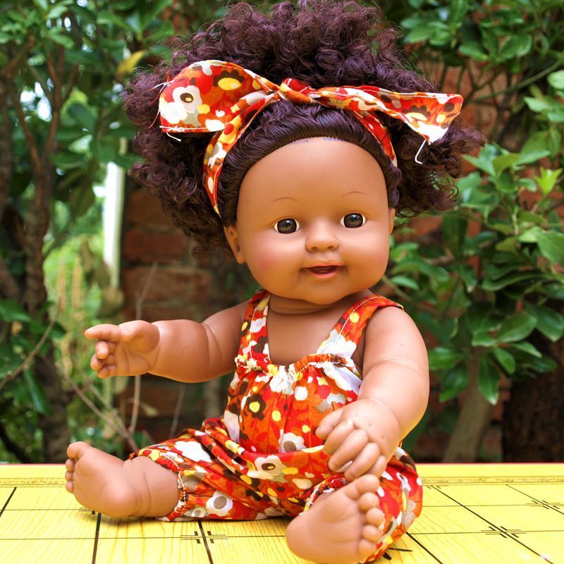 非洲女孩黑皮肤爆炸头洋娃娃全身软胶发声仿真娃娃幼儿园早教教具桔衣