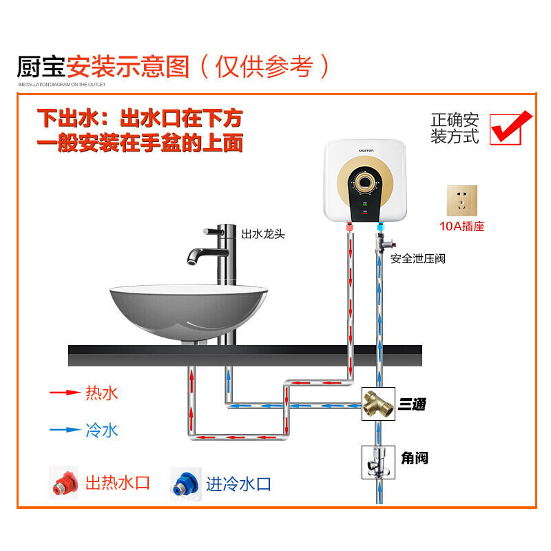 阿诗丹顿(USATON)储水式电热水器小厨宝1500W一级能效高效节能8升厨宝KX08-8J15X下出水