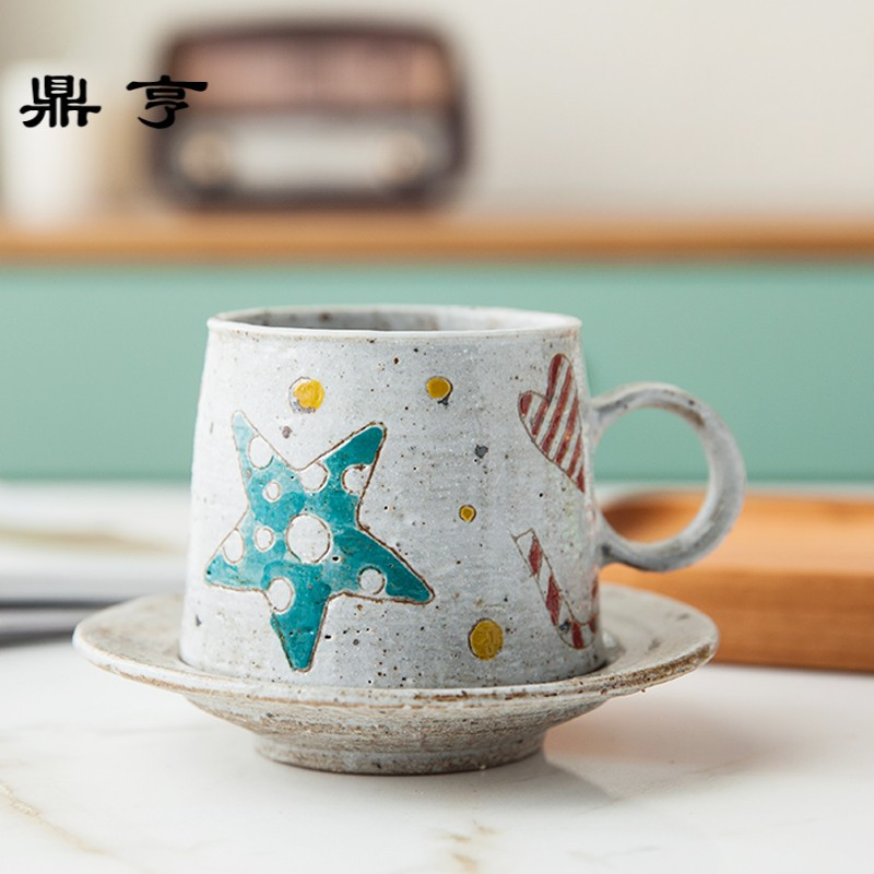鼎亨日式创意手绘粗陶瓷 咖啡杯带碟水杯早餐杯马克杯圣诞