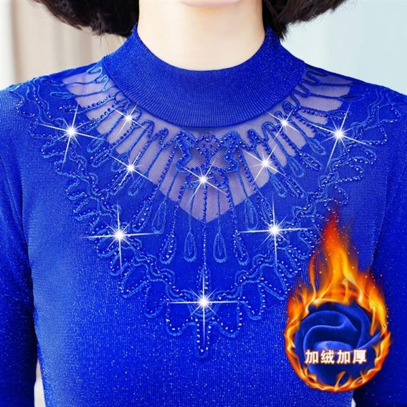 加绒/不加绒打底衫女长袖网纱t恤女小衫秋冬新款保暖蕾丝上衣