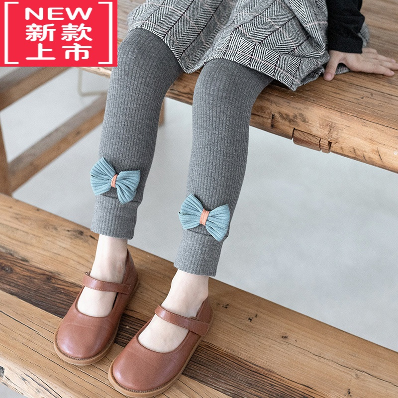 可莉允秋冬季女童加厚加绒打底裤儿童保暖磨毛大蝴蝶结九分裤小中童长裤保暖裤