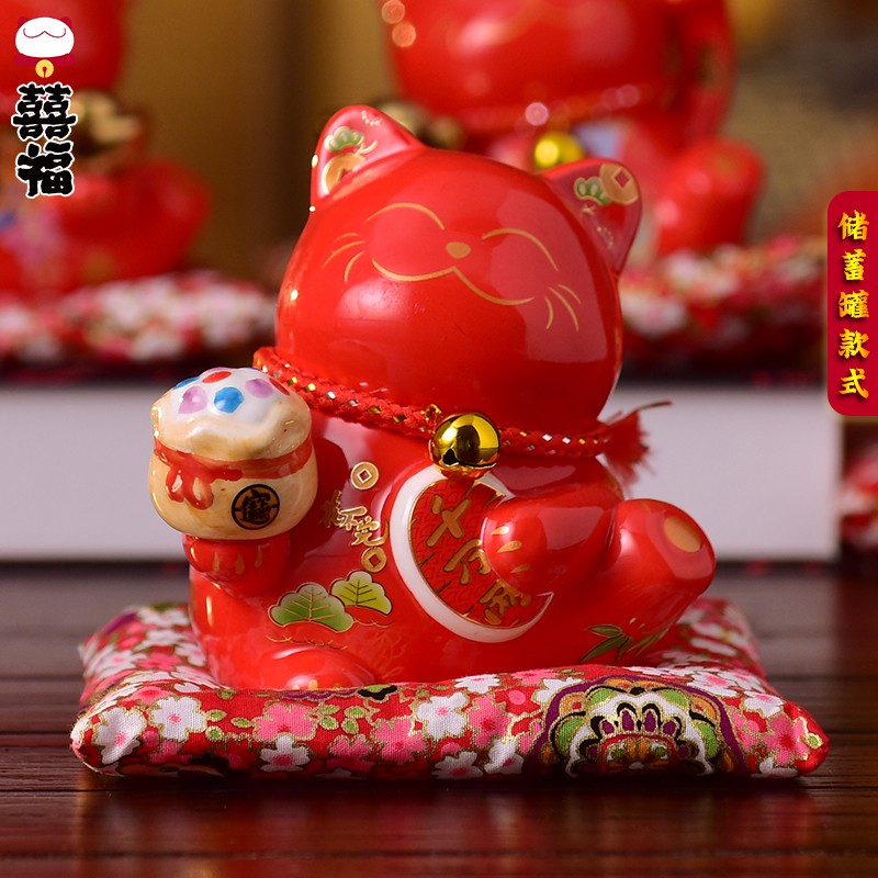 猫摆件存钱储蓄小号陶瓷前台礼品红色创意家居装饰4.5寸 三维工匠 4.5寸-五福猫-红色-财源广进-烫金棉垫猫高清大图