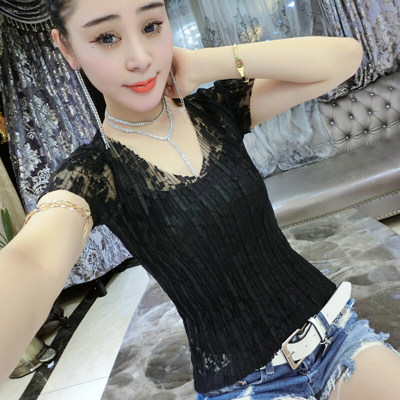 2018夏季新款短袖T恤女修身弹力蕾丝性感两件套打底衫V领半袖上衣