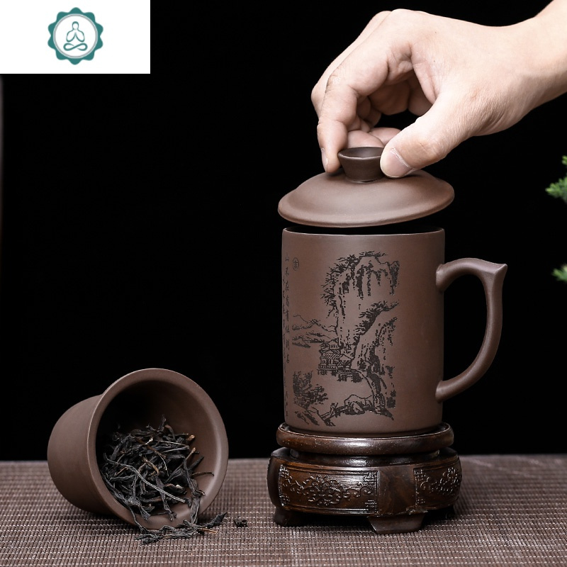宜兴紫砂杯茶杯内胆过滤茶水分离纯手工男士定制刻字带盖泡茶杯子 封后 免费定制花款430带盖子过滤