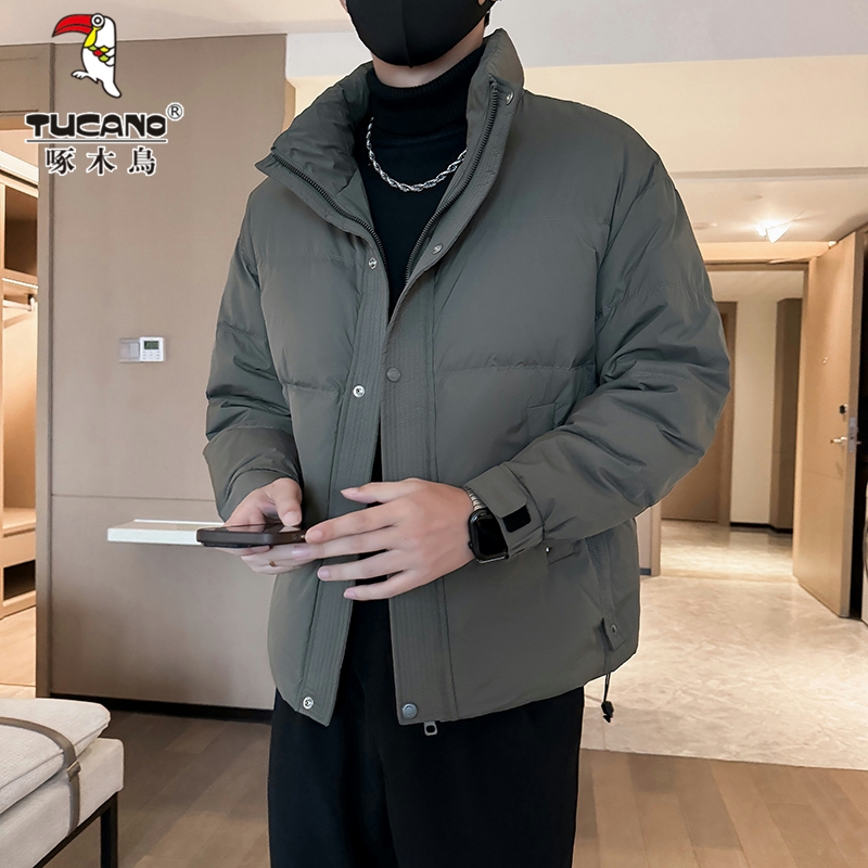 啄木鸟羽绒服男士冬季潮流纯色立领休闲百搭轻薄保暖白鸭绒外套男高清大图