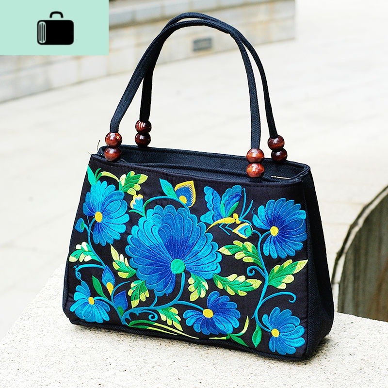 2020新款中老年女包民族风绣花包包刺绣帆布小包中年女士手提包NEWLAKE 【蓝彩花】加大