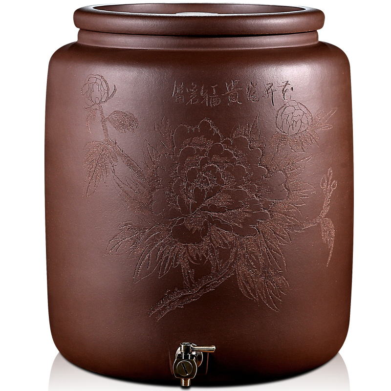 紫砂水缸家用泡茶储水罐带龙头大号养水净水缸陶瓷过滤抽水茶水桶