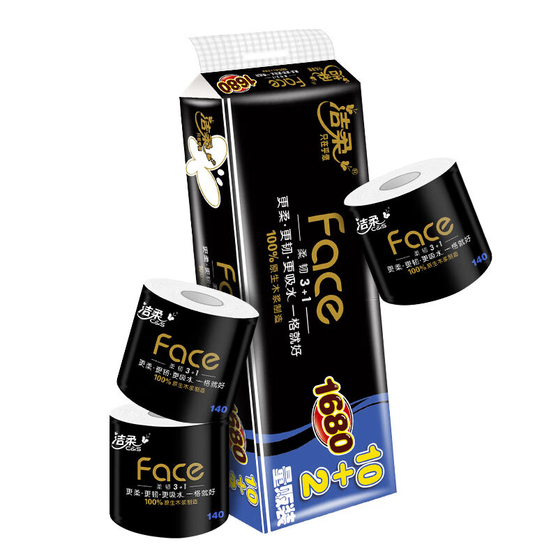 洁柔 4层有芯卷纸 黑Face加厚卫生纸 140g*24卷 BJ168-12高清大图