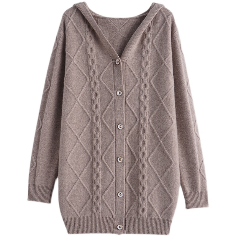 羊毛衫针织开衫女帽衫秋冬款宽松v领中长款带帽外套百搭羊绒毛衣