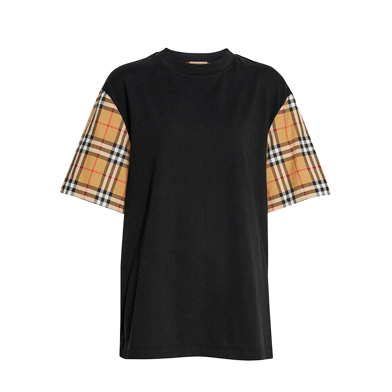 burberry巴宝莉新款白色棉质拼格纹衣袖男女同款短袖t恤视频