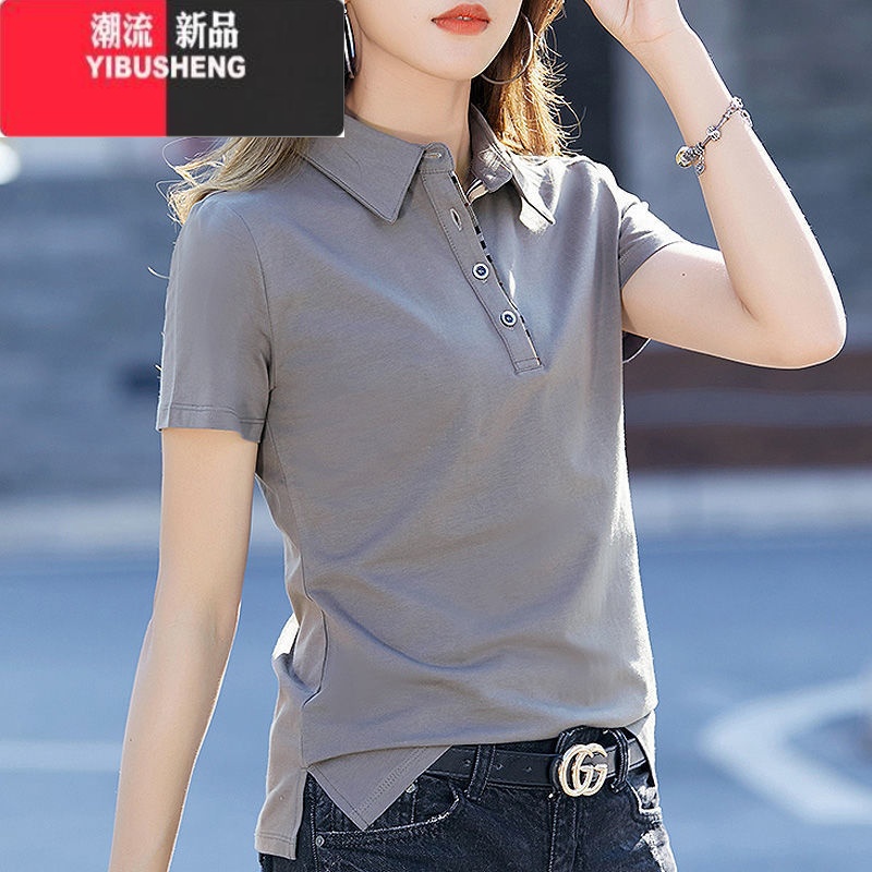 YIBUSHENG翻领polo衫女短袖T恤2024季新款年轻妈妈时尚洋气紫色上衣高清大图