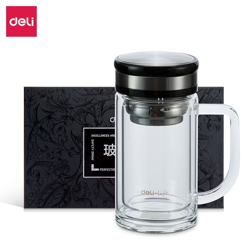 得力(deli) 玻璃杯 8989 双层透明隔热 商务办公杯 带茶隔 320ml