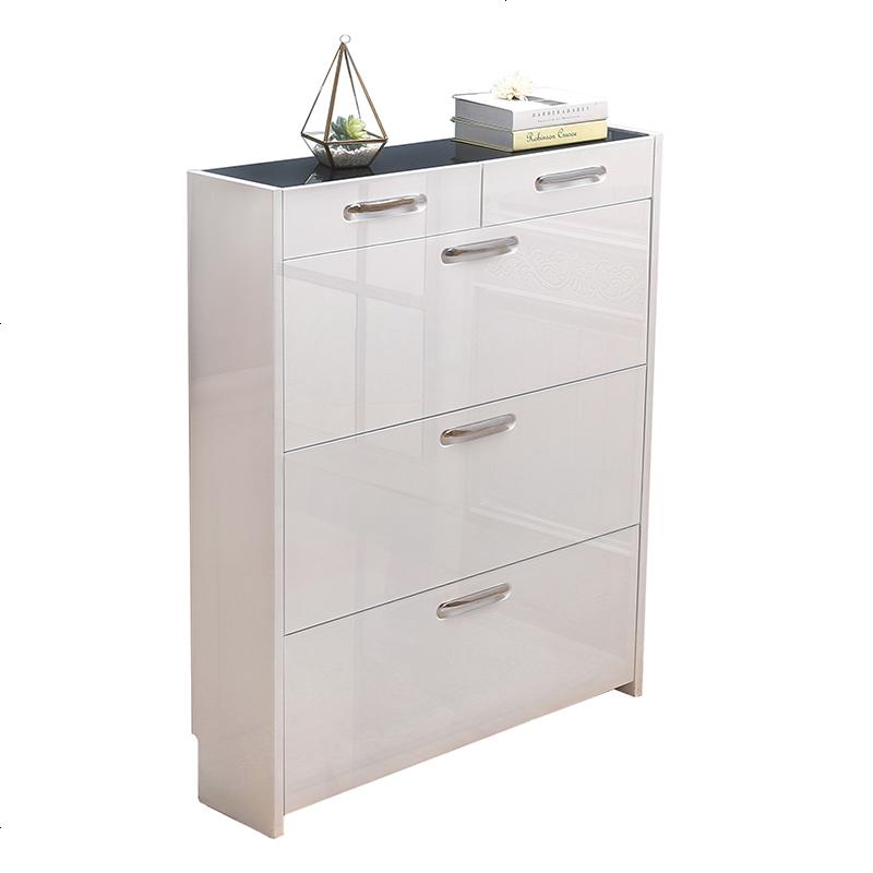 简约现代带抽屉超薄翻斗鞋柜黑色白色烤漆厅柜大容量储物柜 组装_三翻长85宽17高120cm两个抽屉