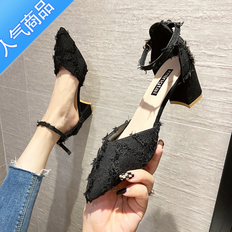 SUNTEK黑色尖头高跟鞋女粗跟2023春夏季新款法式中空包头凉鞋一高字跟U高清大图