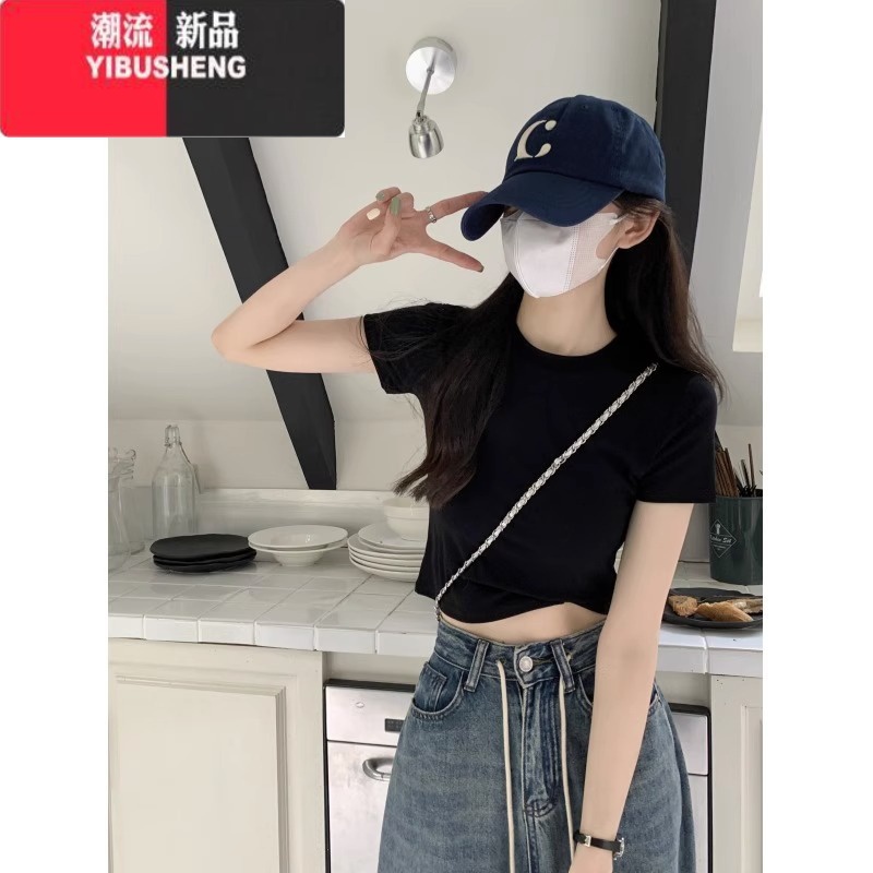 YIBUSHENG黑色正肩圆领t恤女简约基础款上衣季修身美式辣妹短款chic短h高清大图