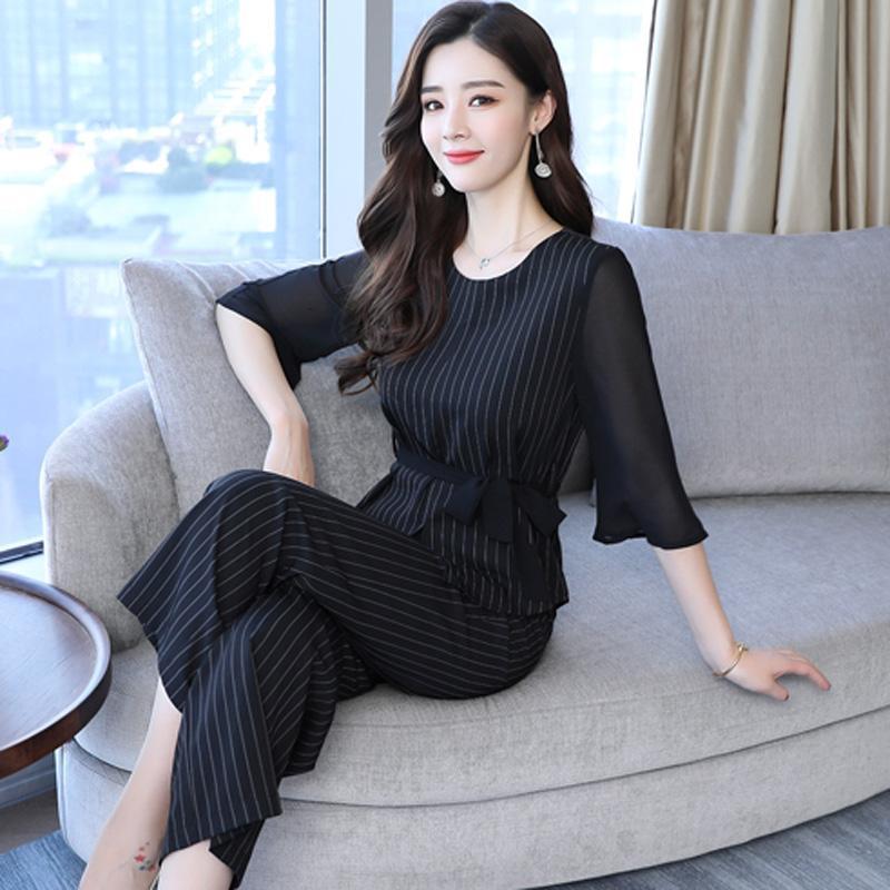 显瘦女士夏天新品不规则条纹阔腿裤两件套遮肉显瘦时髦套装女