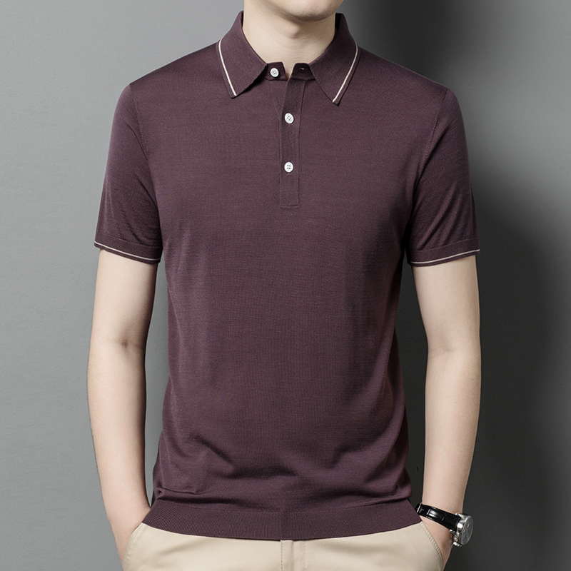 免费试穿100%桑蚕丝夏季男士短袖T恤针织纯色翻领半袖商务休闲加肥加大码可定制工作服大码男装潮流T恤男士特价T恤 咖啡色 165