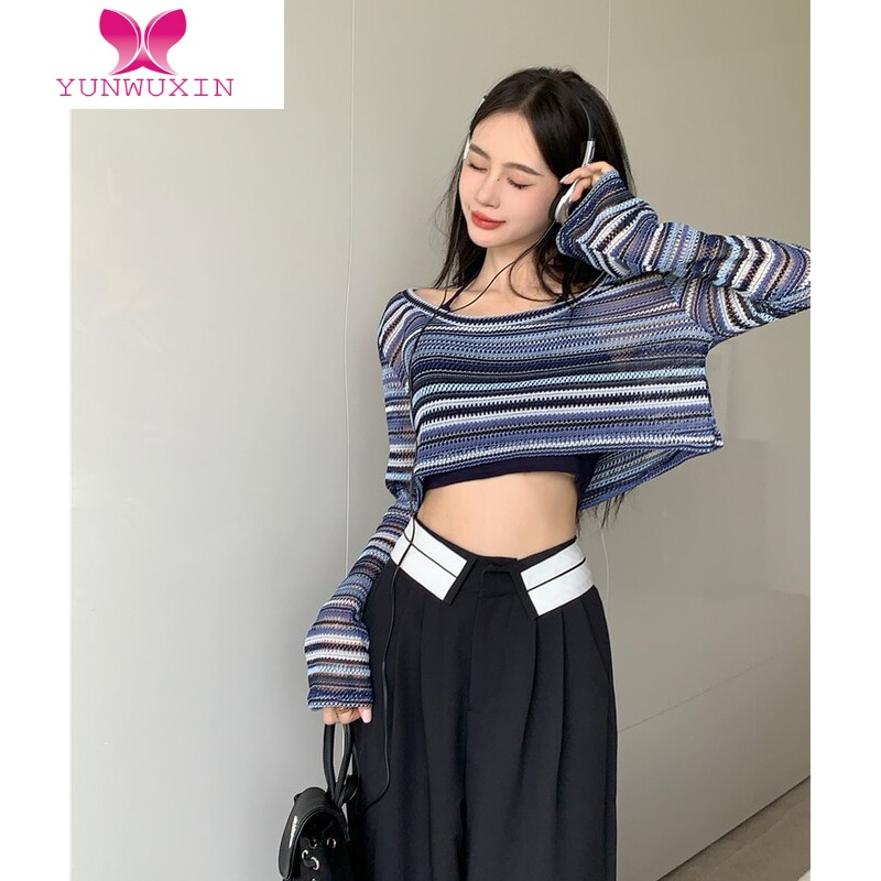 YUNWUXIN甜辣风撞色条纹罩衫T恤女装夏季设计感镂空短款上衣