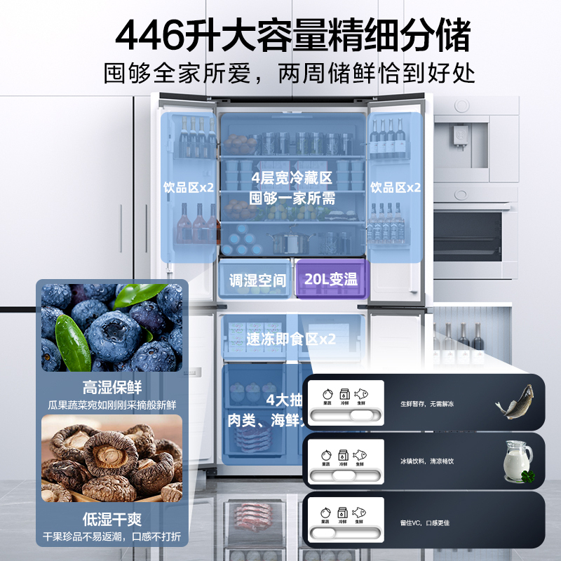 康佳(KONKA)446升白小鲜超薄零嵌十字对开门家用四开门冰箱 三档变温阻氧调湿一级变频 BCD-446WEGB4SP高清大图